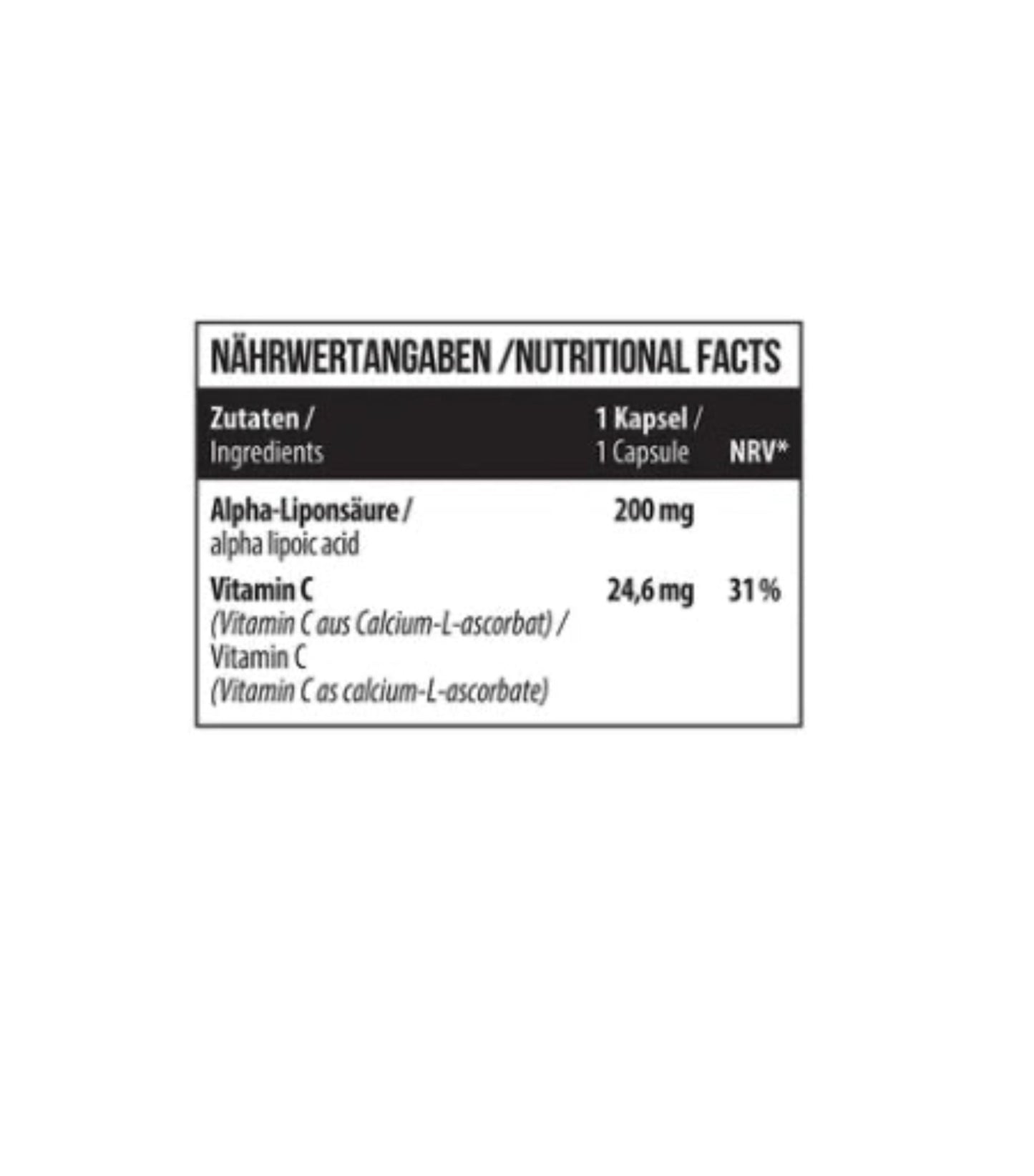 MST - Alpha Lipoic Acid 60 Kapseln - Verpackungseinheit Nährwertangaben