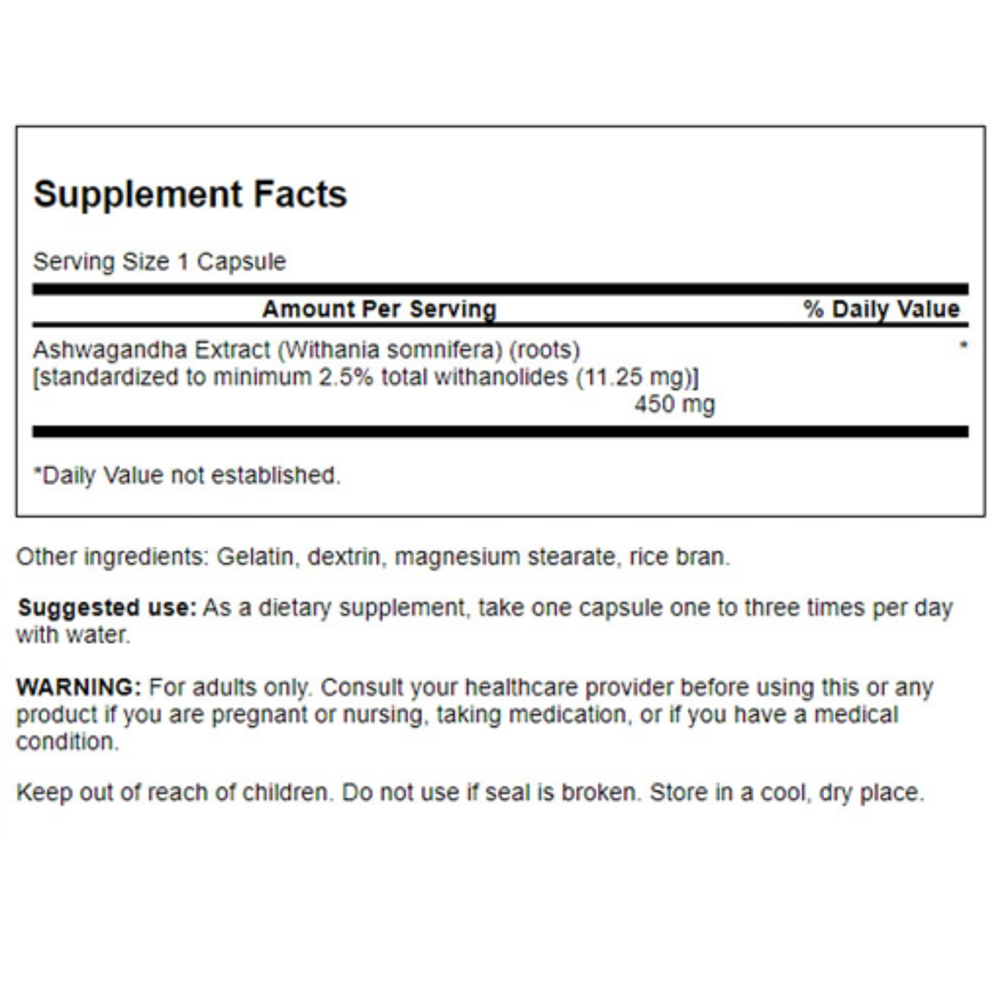Swanson Ashwagandha Extract 450mg 60 Kapseln - Nährwertangaben