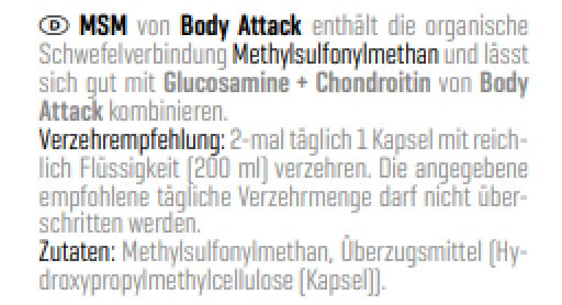 Body Attack MSM 100 Caps - Nährwertangaben