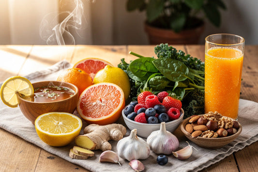 Immunstärkende Lebensmittel auf einem Holztisch
