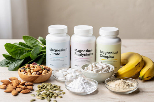 Das Bild zeigt verschiedene Magnesium-Präparate und magnesiumreiche Lebensmittel