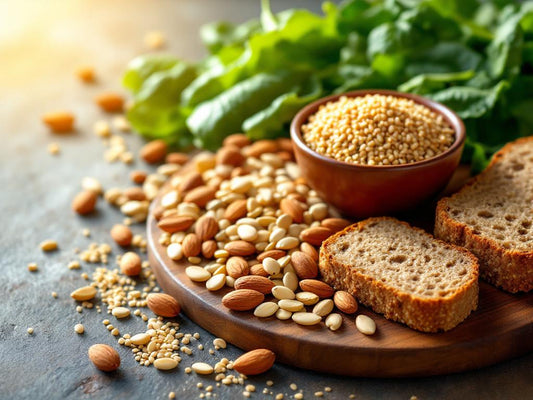 Holzbrett mit Nüssen und Mandeln, Schale mit Samen und Brot