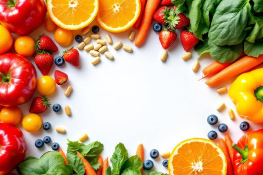Das Bild zeigt eine ansprechende Kombination aus frischen Lebensmitteln und Multivitamin-Präparaten