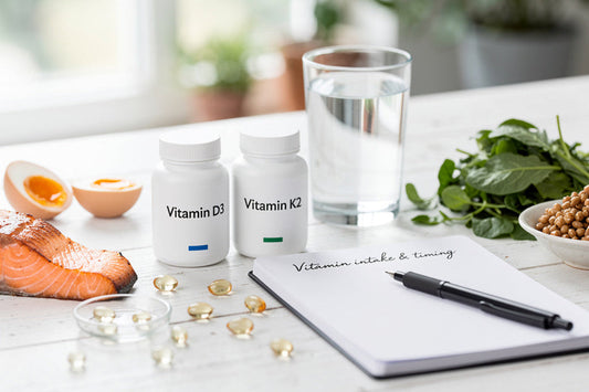 Das Bild zeigt Vitamin D3- und K2-Präparate sowie vitaminreiche Lebensmittel
