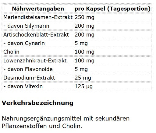 ProFuel Mariendistel Komplex 120 Kapseln - Nährwertangaben