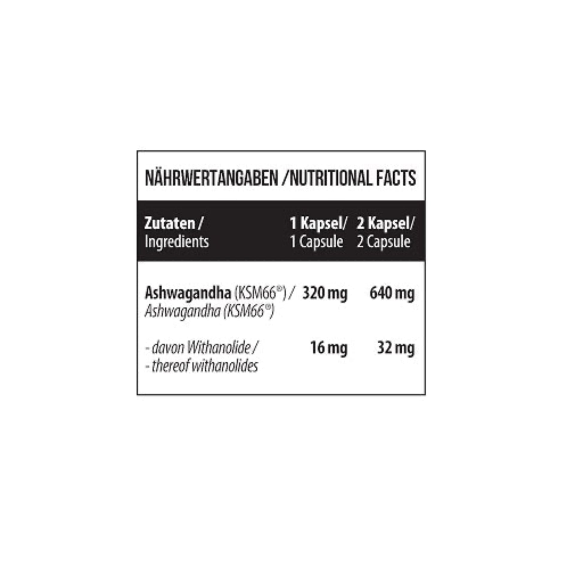 MST - Ashwagandha KSM 66® - 60 Caps - Verpackungseinheit Nährwertangaben