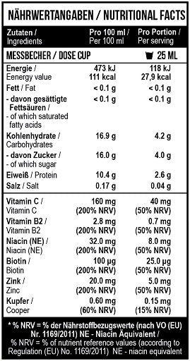 MST - Collagen Peptides Konzentrat 1 Liter - Orange Juice - Nährwertangaben