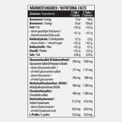 MST - Glucosamine Chondroitine MSM + HYALURON - 90 Tabletten - Nährwertangaben
