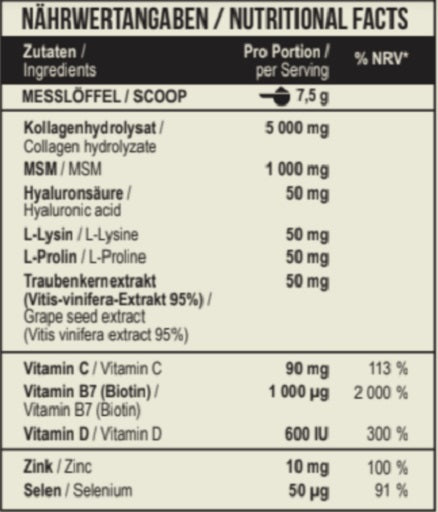 MST - Beauty Collagen Verisol + OptiMSM 225g - Nährwertangaben 
