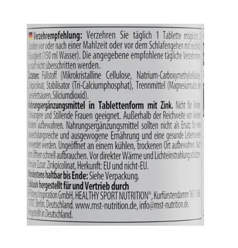 MST - Healthy Zinc Picolinate 60 Tabletten - Verpackungseinheit Rückseite
