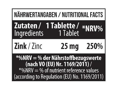 MST - Healthy Zinc Picolinate 60 Tabletten - Verpackungseinheit Nährwertangaben