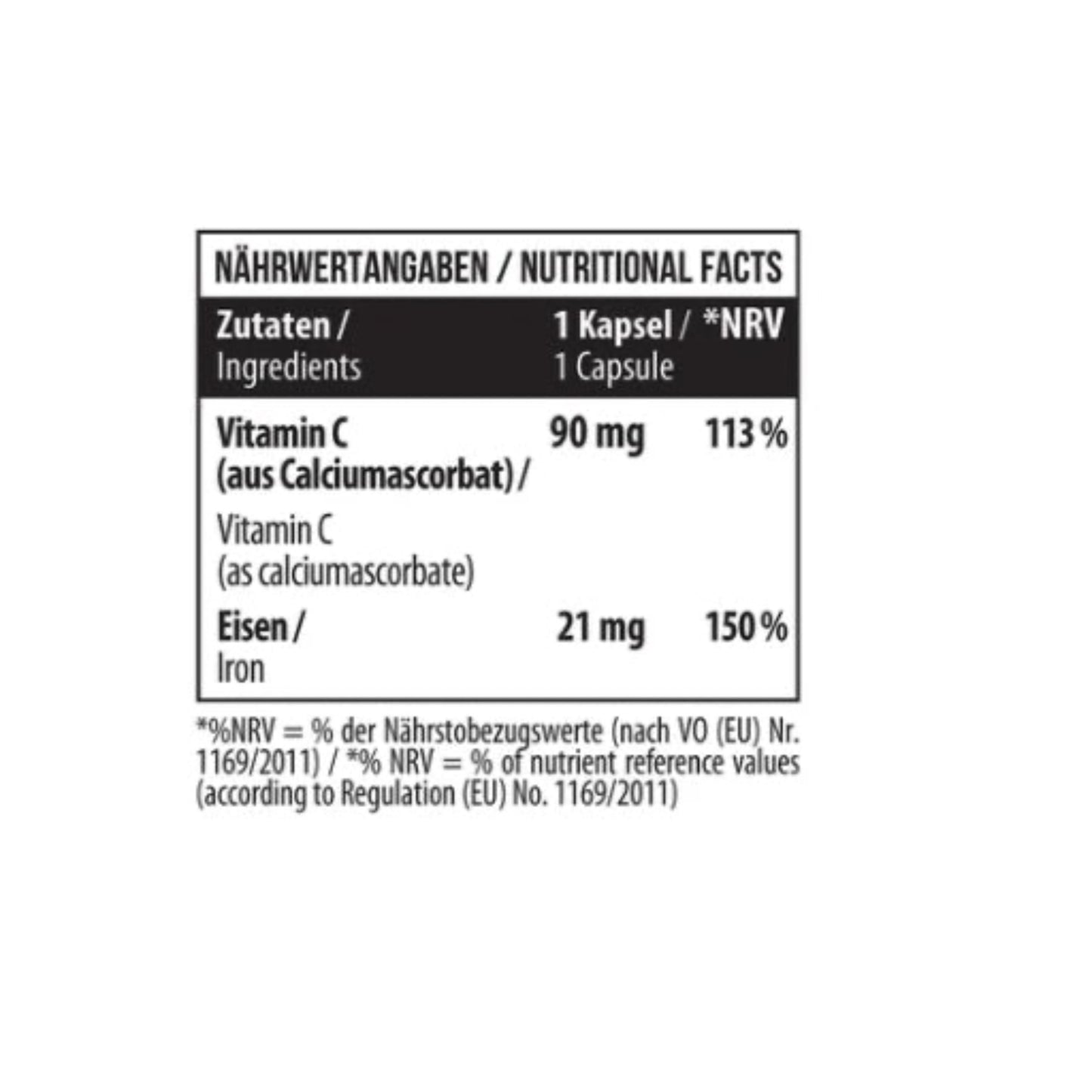 MST - Iron Bisglycinate120 Kapseln - Verpackungseinheit Nährwertangaben