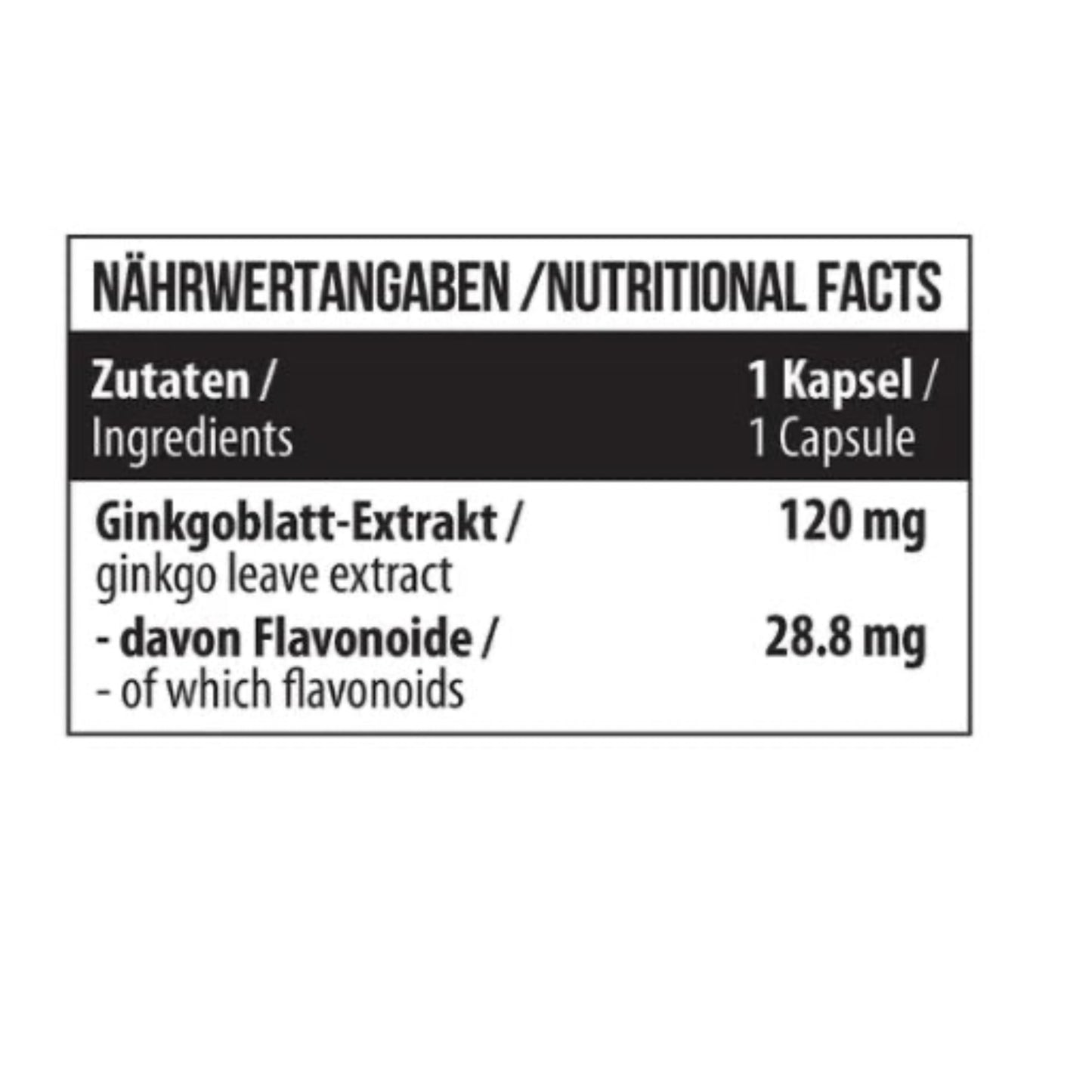 MST - Ginkgo Biloba 60 Kapseln - Verpackungseinheit Nährwertangaben