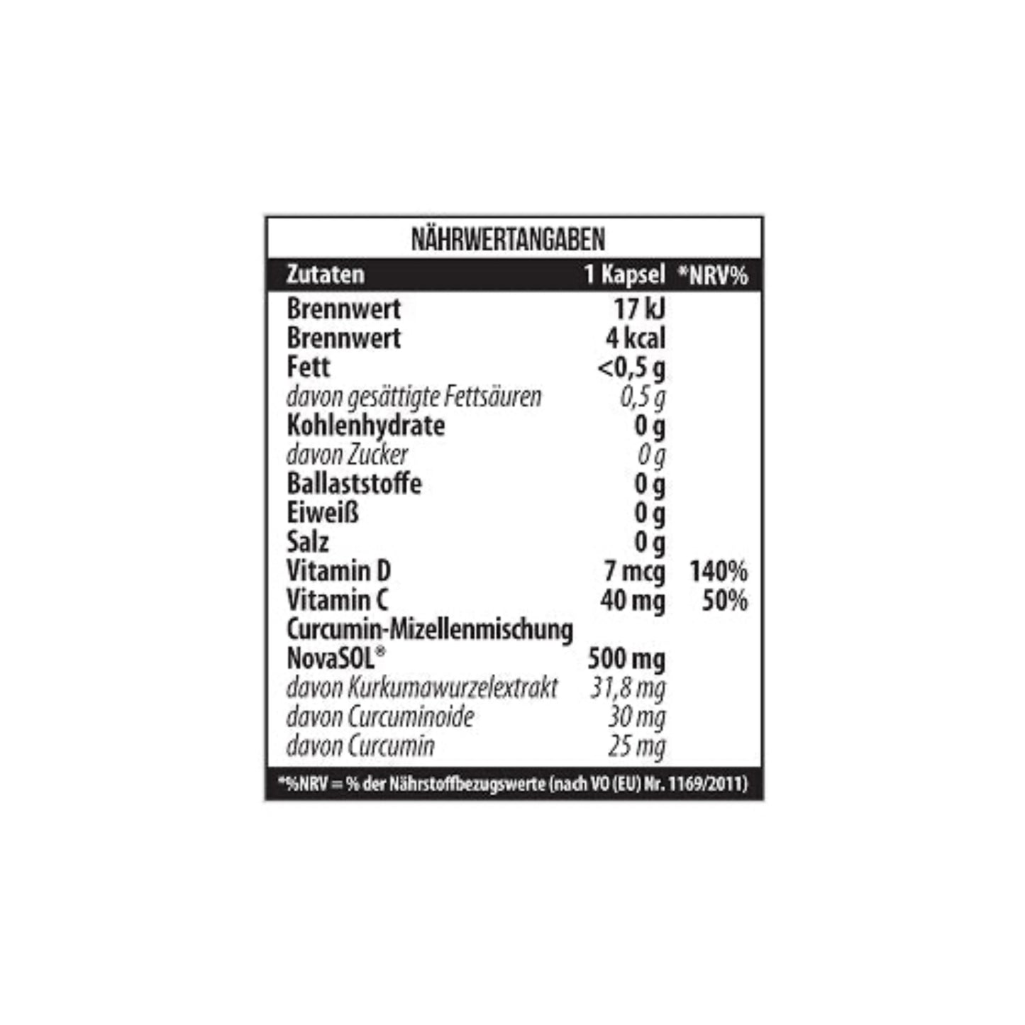 MST - Curcumin NovaSol® 60 Liquid Capsules - Verpackungseinheit Nährwertangaben