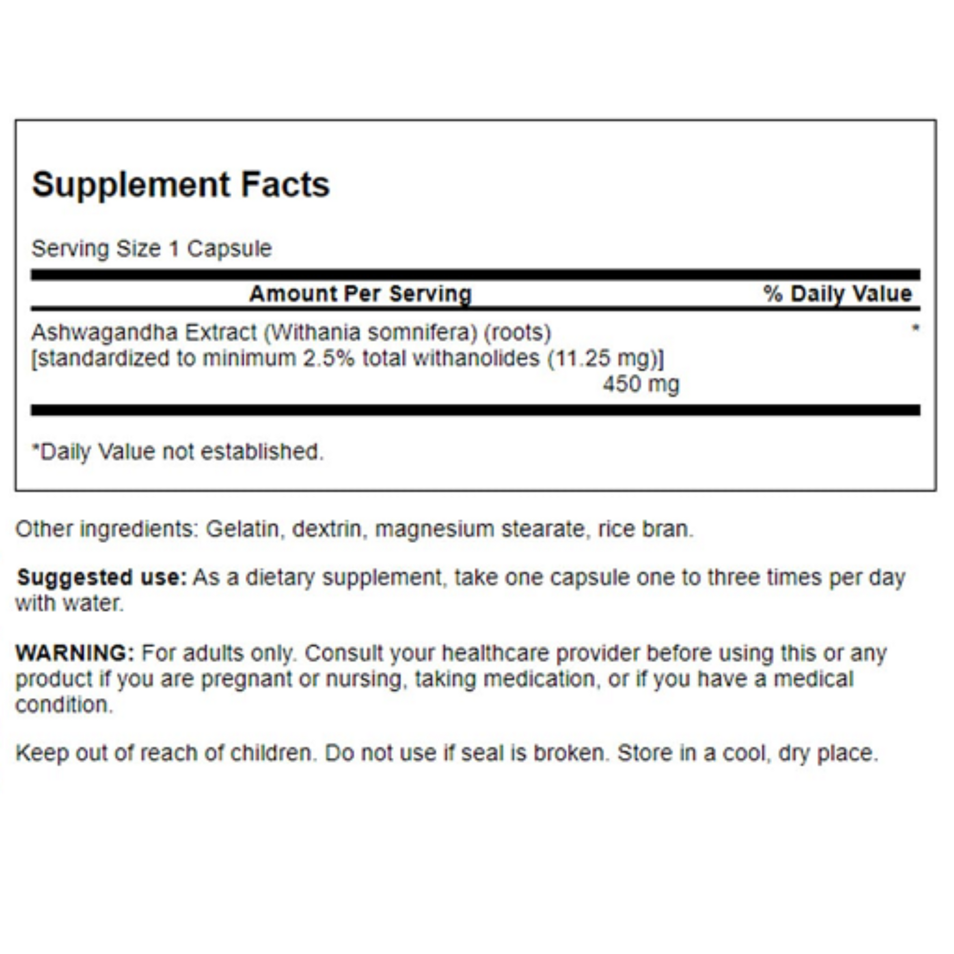 Swanson Ashwagandha Extract 450mg 60 Kapseln - Nährwertangaben