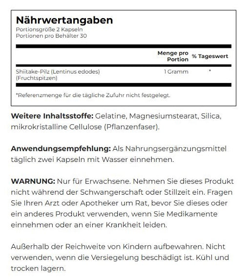Swanson Full Spectrum Shiitake Mushroom 500mg - 60 Kapseln - Nährwertangaben