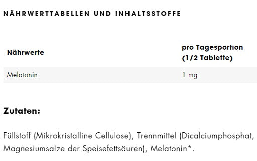 ESN Melatonin Sleep Aid 180 Tab. - Nährwertangaben und Zutaten