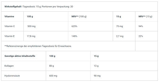 BioTech Collagen 300g Black Raspberry - Nährwertangaben