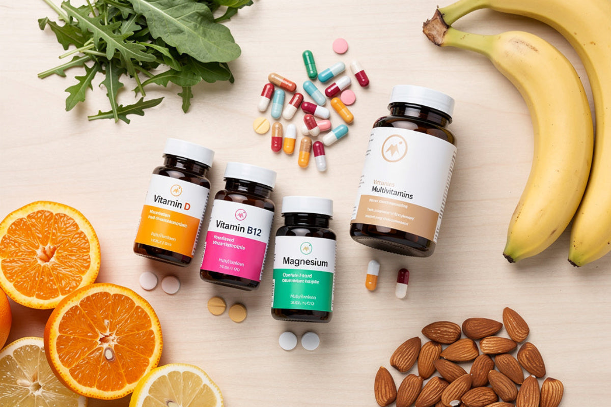 Das Bild zeigt verschiedene Einzelvitamine, Multivitamine und vitaminreiche Lebensmittel