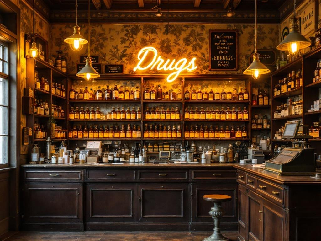 Vintage Drugs Store im warmen, gelb-orangen Licht