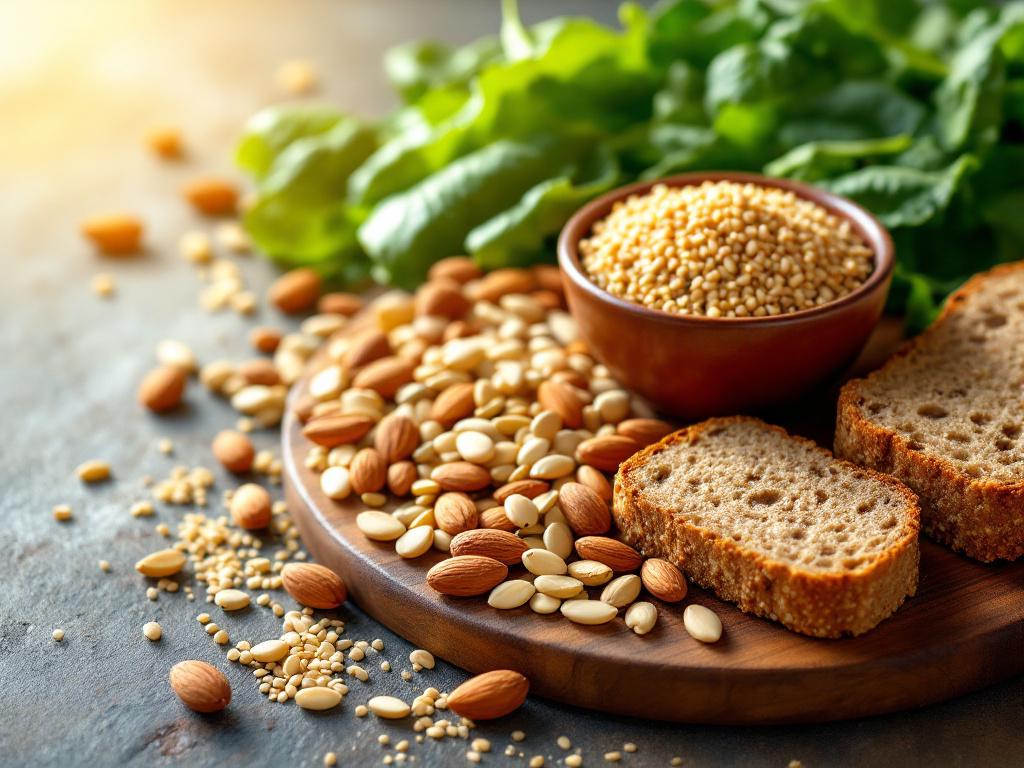Holzbrett mit Nüssen und Mandeln, Schale mit Samen und Brot