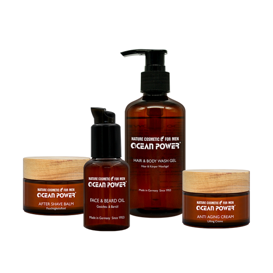 Männerpflege-Set mit Anti Aging Cream, After Shave Balm, Face & Beard Oil und Hair & Body Wash Gel