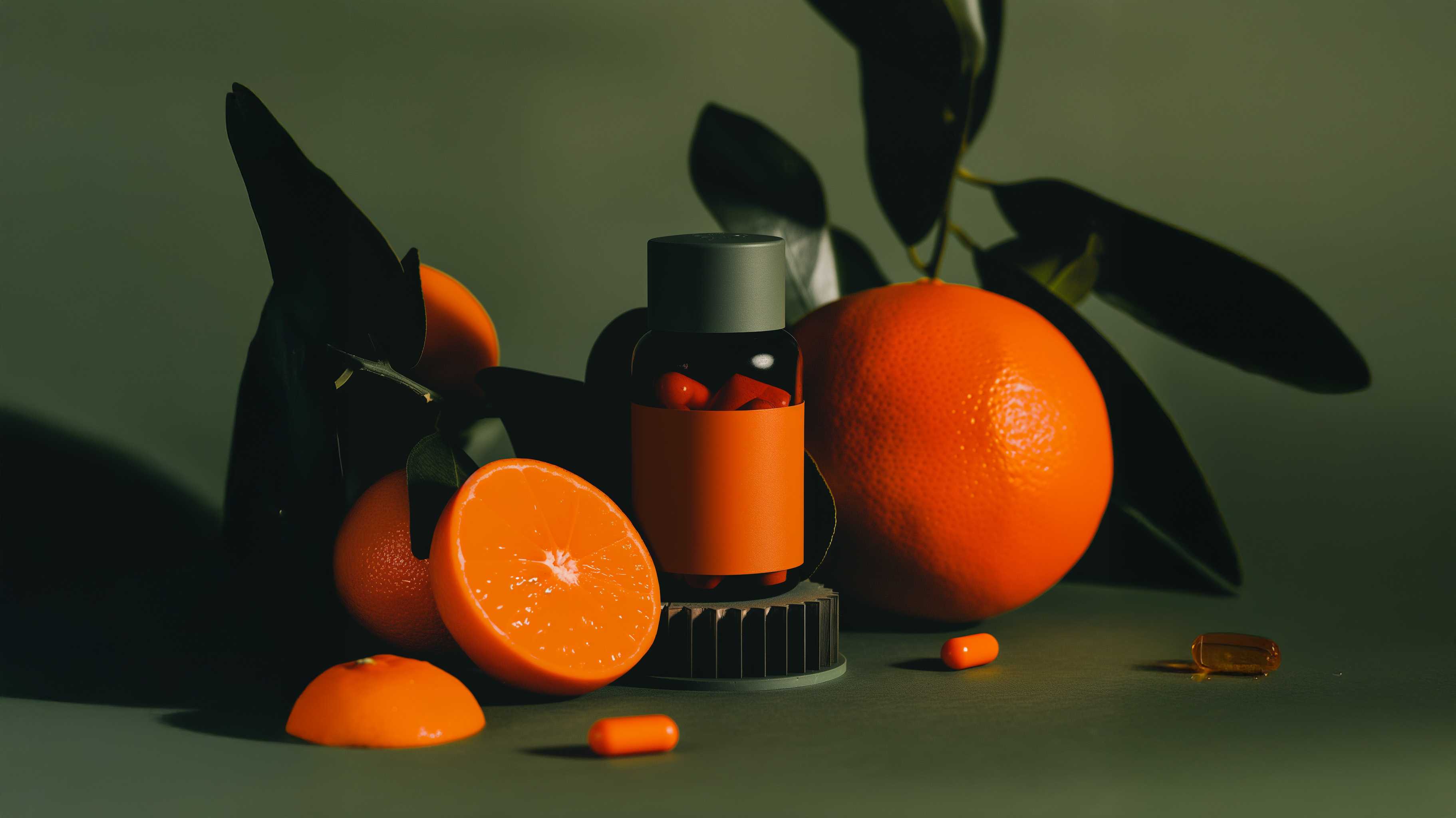 Orangen und eine Dose Supplemente als Dekorationsfoto